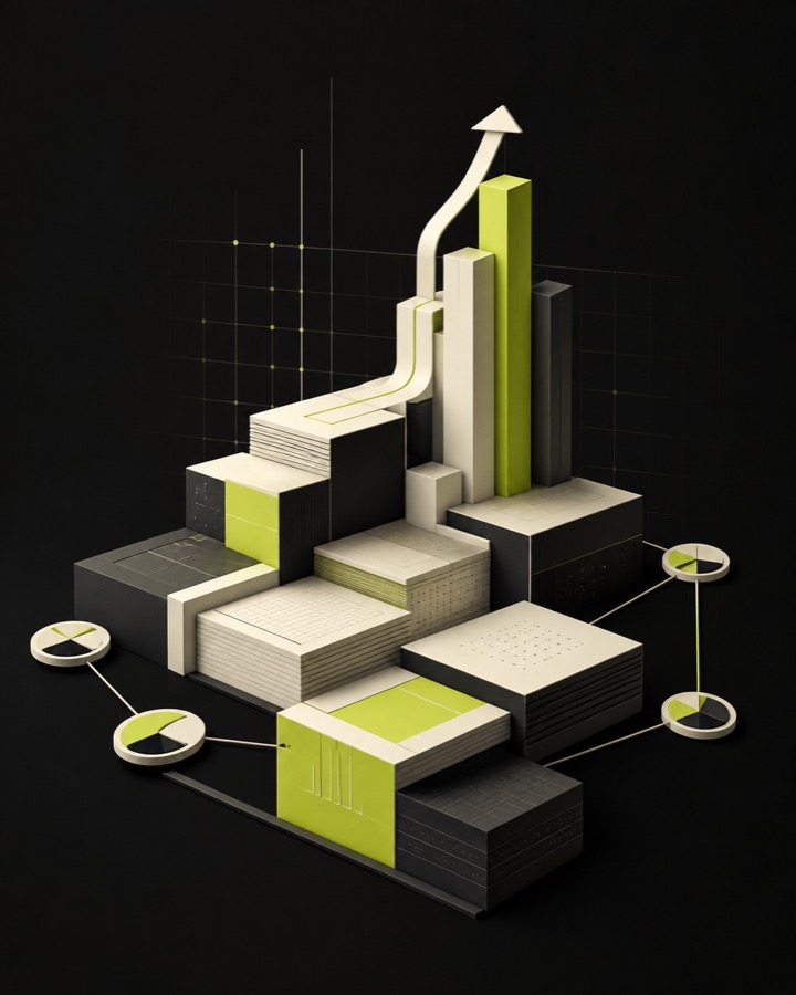 Abstract connected financial blocks and rising columns representing collaborative growth
